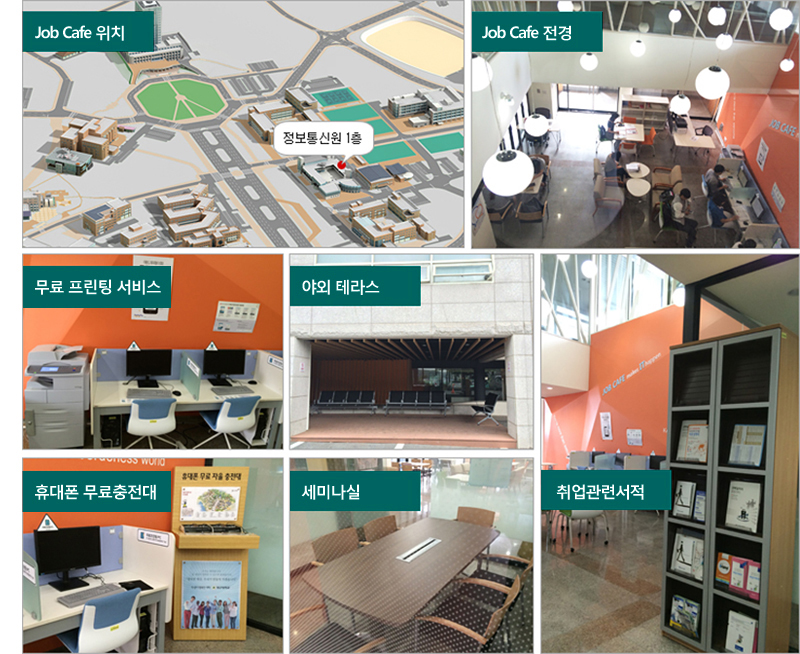 Job Cafe 위치(정보통신원 1층), Job Cafe 전경, 무료 프린팅 서비스, 야외 테라스, 휴대폰 무료충전대, 세미나실, 취업관련서적